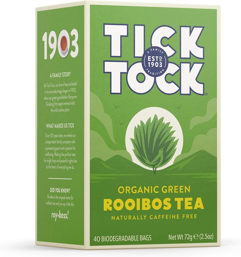 Tick Tock Organic Green Rooibos Tea - 40 Biodegradable Bags (2.5 Ounce) - Image 1
